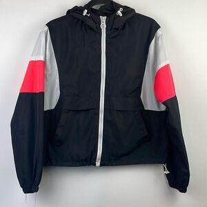 Angel Kiss Womens Colorblock Full-Zip Hooded Windbreaker Jacket Black Red Medium